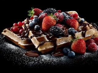 Close-up of a plate of a beautifully presented Belgian waffle, loaded with fresh strawberries, kiwi, blackberries, and banana slices.