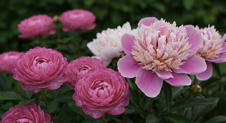 Fototapeta premium 柔らかな光彩 満開のボタンとラナンキュラス 優美な花びら. AI Generated