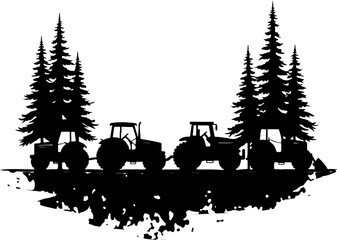 Fototapeta premium Tractors in Mountain Landscape tree , farm, farming, vector bundle