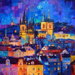 Prague night: Colorful castle, Czech Republic.