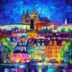 Night Prague: Castle & St. Nicholas' Cathedral, Czechia.