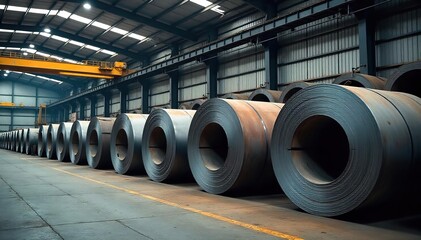 Massive Steel Coils Tower High in Warehouse, Awaiting Shipment - Industrial Strength and Logistics Powerhouse