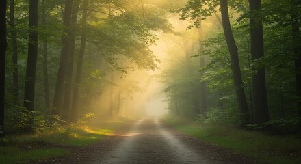 Sunlit Forest Path: Serene Morning Light Through Misty Trees