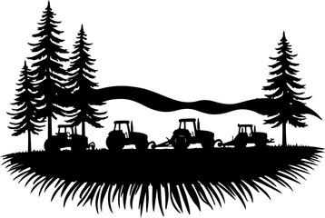 Fototapeta premium Tractors in Mountain Landscape tree , farm, farming, vector bundle