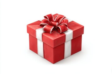 Obraz premium A beautifully wrapped red gift box with a large festive red bow and white ribbon