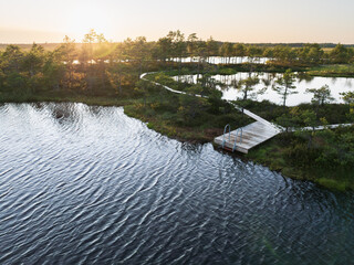 Summer sunset at a peat bog with a wooden path leading to a swimming pier in a lake among...