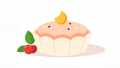 Illustration of a cupcake with cherry and leaf on white background  