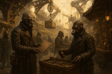 Two figures in gas masks interact in a steampunk market filled with crates and machinery.