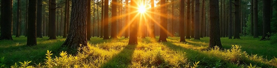 Golden Hour Sunlight Illuminates a Lush Pine Forest Long Shadows, Vibrant Greens, Tranquil Summer Scene
