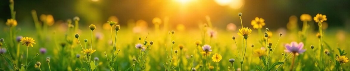 Golden Hour Sunlight Illuminates Vibrant Summer Meadow, Lush Green Grass, Wildflowers, Picturesque Landscape Perfect for Summer, Nature, Carefree Themes
