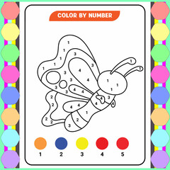Color by number game for kids. Coloring page with a cute bee. Printable worksheet with solution for school and preschool. Learning numbers activity. Vector illustration
