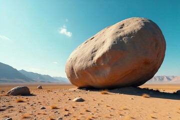 Enigmatic Colossal Boulder in Desolate Landscape A Mysterious Geological Anomaly Defying Explanation, Smooth Surface Hints at Ancient Secrets, Windswept Cliff, Sky, Unexplained Phenomenon
