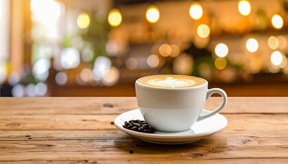 Obraz premium Latte in ceramic cup on wooden café table