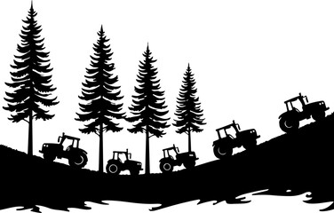 Tractors in Mountain Landscape tree  , farm, farming,  vector bundle