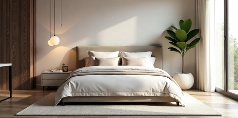 Luxurious Minimalist Bedroom Design Serene Sanctuary with Plush Velvet Headboard, Sleek Nightstands, and Soft Natural Light