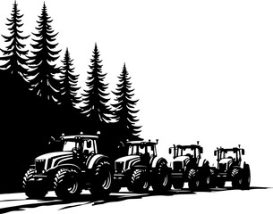 Tractors in Mountain Landscape tree  , farm, farming,  vector bundle