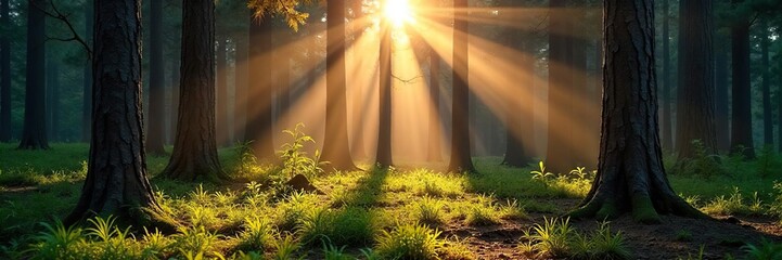 Sunlit Pine Forest Floor Tranquil Nature Scene, Peaceful Landscape Photography