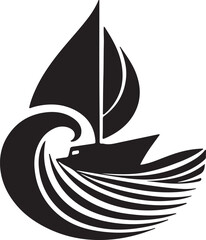Elegant abstract line art logo of a sailboat on waves, minimalist and black-and-white only
