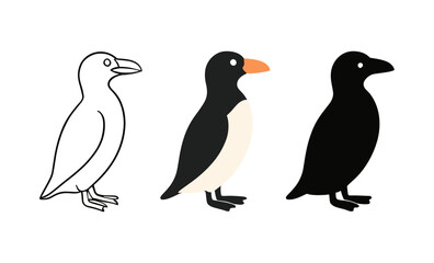 Naklejka premium Evolution of cartoon penguin: outline, colored, and silhouette versions in a row