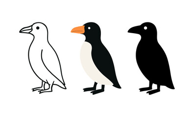 Fototapeta premium Penguin drawing guide: outline, filled, and silhouette variations for art projects