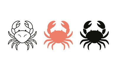 Minimalistic crab icons trio in black, white, and coral on white background