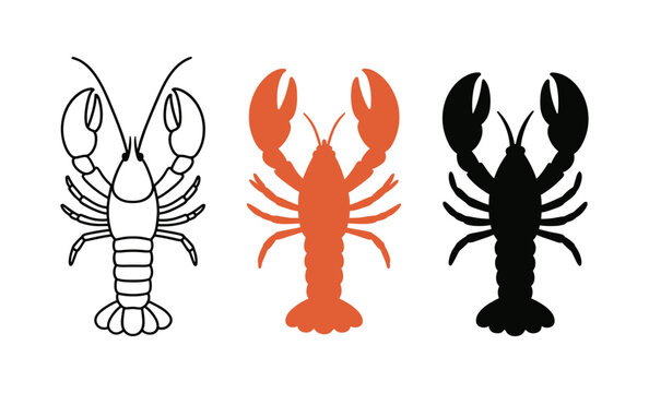 Vector lobster silhouettes in black, white, and orange for diverse design projects
