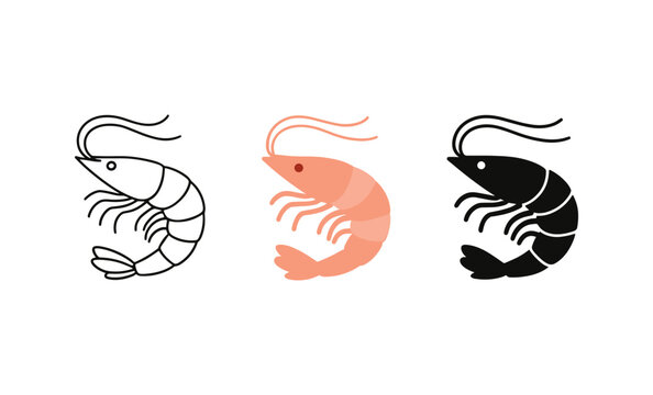 Minimalist shrimp illustrations in black, white, and coral variations