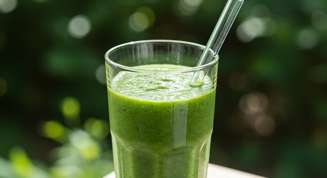 Gr&uuml;ner Smoothie leuchtet frisch im Sonnenlicht. AI Generated