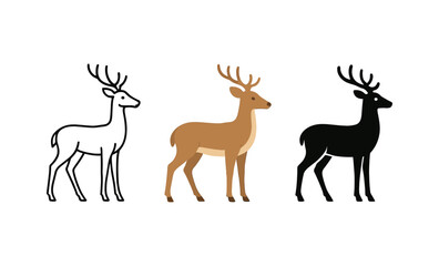 Fototapeta premium Three deer silhouettes in minimalistic style: outline, full color, and black variations