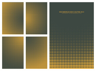 Assorted vector retro styled checkered semi circle scale yellow dark green halftone pattern set in vertical 2:3 aspect ratio including round border and various radial textures. Varied design elements