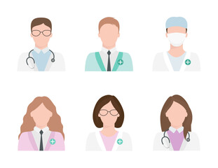 Set of flat male and female doctors in uniform. Minimal style, isolated on white.