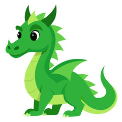 Obraz premium Cartoon green dragon standing. Cute baby fire dragon or dinosaur character. Suitable for children's books, fairy tale, sticker, mascot, logo. Isolated vector. Side view