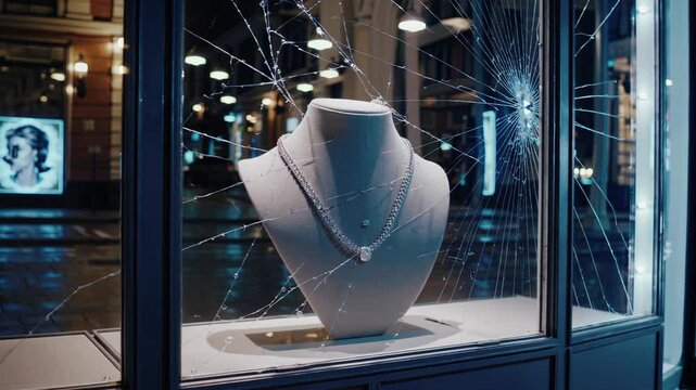 Dramatic nighttime jewelry store window shattering, revealing luxury diamond necklace on display bust during potential high end retail robbery scene
