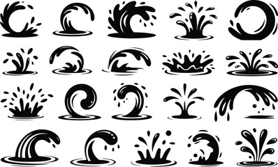 Collection of Black and White Water Splash and Wave Icons