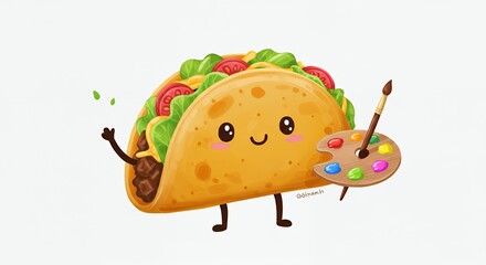 Cute taco cartoon character with paint palette