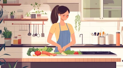 Healthy woman cuts vegetables for nutrition.