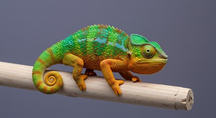 Obraz premium Buntes Chameleon klettert elegant auf Zweig sanftes Licht. AI Generated