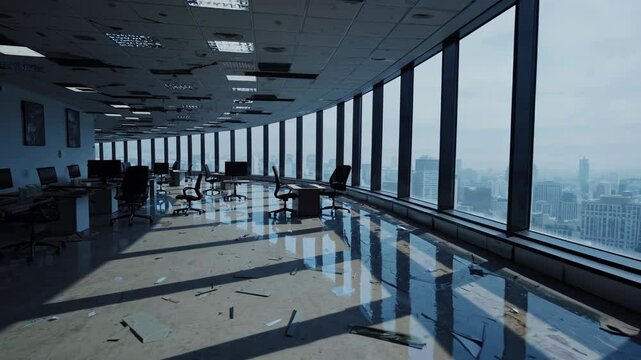Natural light illuminates a decaying office interior, debris scattered across the wet floor, reflecting the cityscape through expansive windows