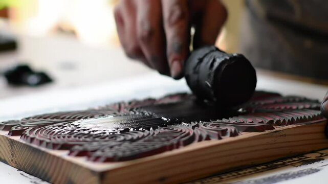 Closeup view of hands applying ink to wooden block print tool