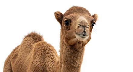 Obraz premium Junges Kamel schaut neugierig Kamera an sanftes Licht Hintergrund weiss. AI Generated