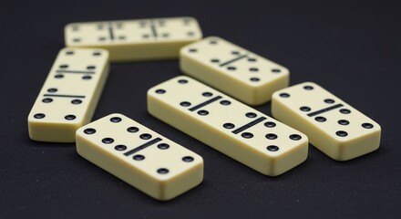 Hellbeige Dominosteine liegen elegant auf Schwarz sanftes Licht betont Punkte. AI Generated