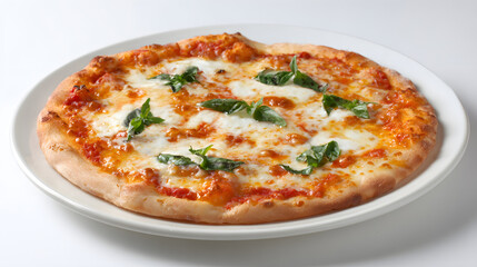 Classic Roman Style Margherita Pizza with Fresh Basil and Melted Cheese on a White Plate