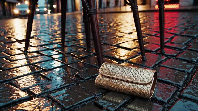 Golden clutch nestled under wooden cafe table, resting on glistening wet cobblestones reflecting shimmering city lights during nocturnal parisian evening