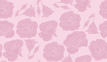 Seamless Pattern with rose flowers in beige vintage style. Gentle pastel color floral wallpaper for scrapbooking, invitations, package design, fabric print. Holiday botanical background. 