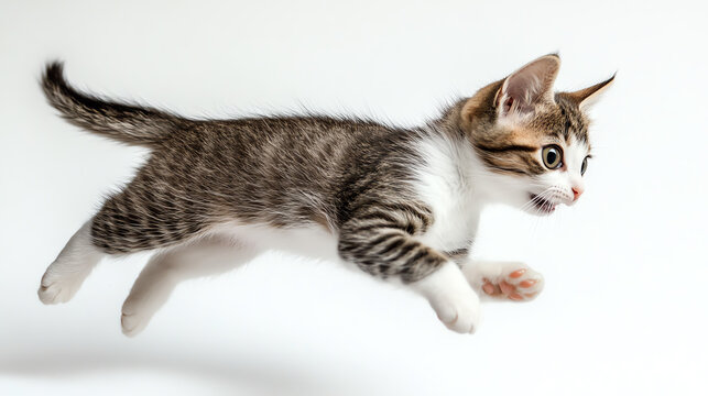 Hyperactive kitten zooming midrun, dynamic action, white backdrop