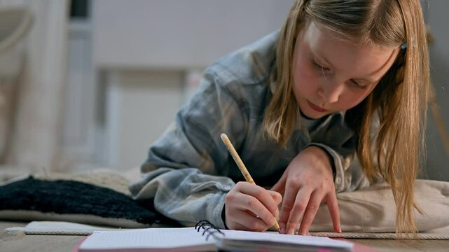 Smart Caucasian schoolgirl lying on the floor at home, deeply concentrated on doing her homework filmed in slow motion. Closeup of kid writing carefully with a pen in copybook looking thoughtfully