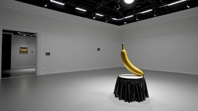 Golden banana sculpture gleaming on black draped pedestal, highlighting artistic commentary on consumption and cultural value within contemporary gallery space