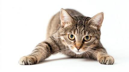Obraz premium Mischievous cat stretching front legs forward, sneaky expression, white backdrop