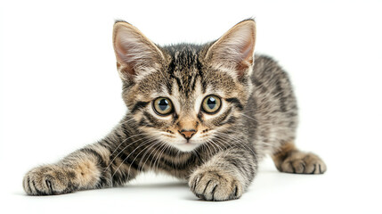 Obraz premium Mischievous cat stretching front legs forward, sneaky expression, white backdrop