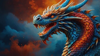 A close-up of a mythical dragon head with colorful scales and intense orange eyes